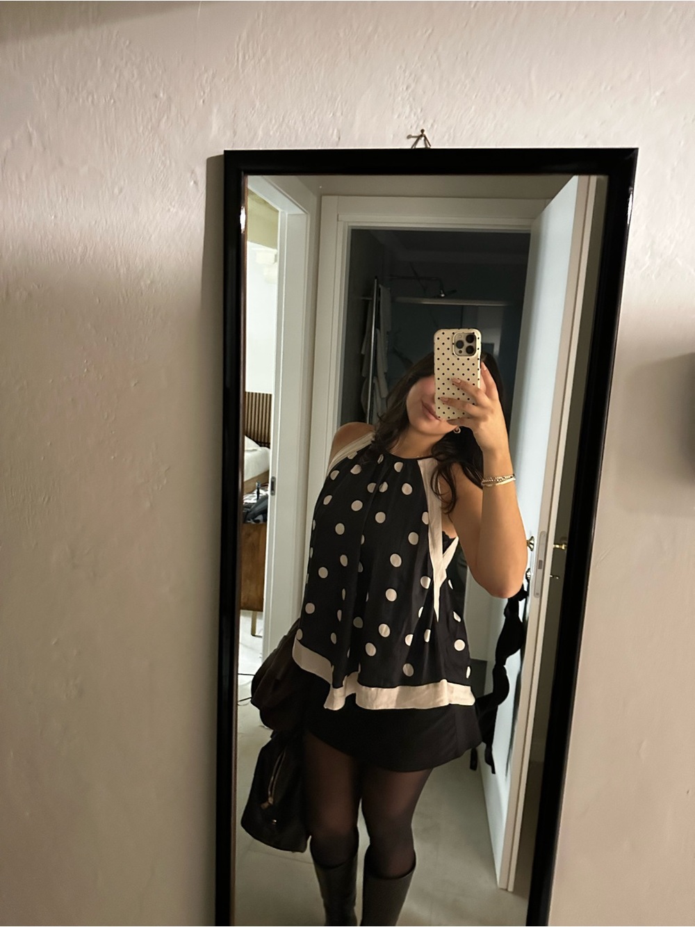 Mustard Seed Black and Cream Polka Dot Halter Tank Top